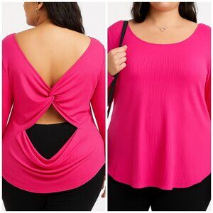 Eloquii NWT Womens 22/24 Hot Pink Ribbed Long Sleeve Open Back Twist Detail Top
